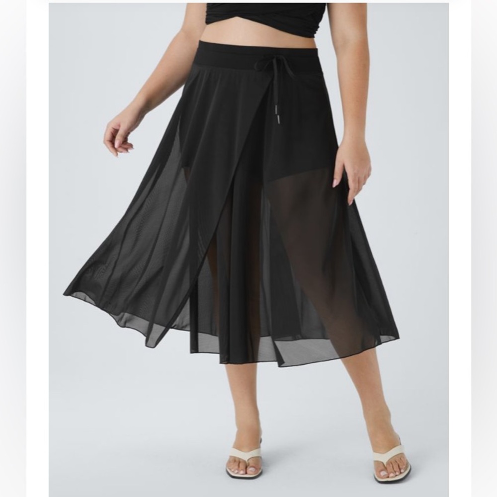 HALARA Black Sheer high-waisted mesh drawstring skirt and bike shorts